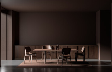 Modern style dining room with wooden chair and table.  Minimalist dark dining room design. 3D illustration.