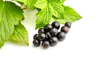 Ripe black currant berries with green leaves isolated on white background