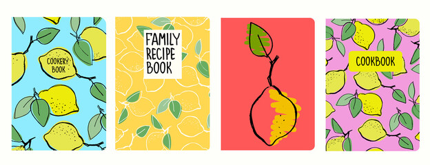 Cover page vector templates for recipe books based on seamless patterns with hand drawn lemons. Cookery books cover layout. Healthy fruit, vegan food concept