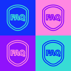 Pop art line Shield with text FAQ information icon isolated on color background. Guard sign. Security, safety, protection, privacy concept. Vector Illustration.