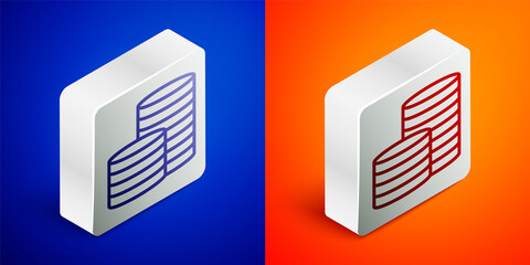 Isometric line Coin money icon isolated on blue and orange background. Banking currency sign. Cash symbol. Silver square button. Vector Illustration.