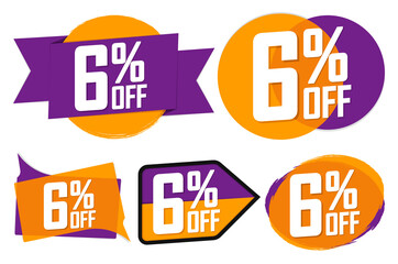 Set Sale 6% off banners, discount tags design template, promo app icons, vector illustration