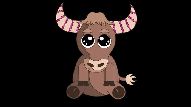 
Animation cute baby bull - a symbol of 2021 New Year and Christmas. Kawaii-style brown bison with big eyes alpha channel on transparent background