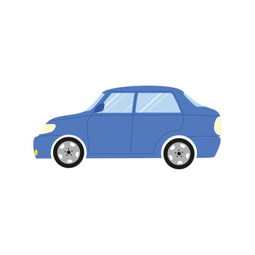 Image of a blue car isolated on a white background. Transport and equipment, logo for car service, workshop, car wash. Vector flat cartoon illustration. Banner design, business cards, advertising.