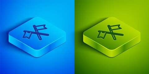 Isometric line Crossed medieval flag icon isolated on blue and green background. Country, state, or territory ruled by a king or queen. Square button. Vector.