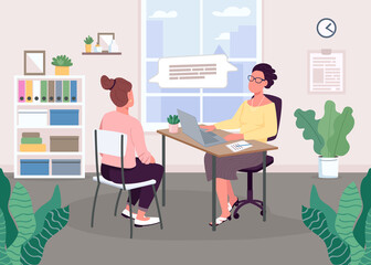 Interviewing session flat color vector illustration. Admonitory talk. Job candidate interview. Vacancy in office. 2D cartoon faceless characters with study interior on background