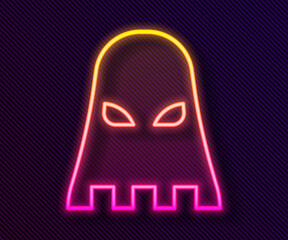 Glowing neon line Executioner mask icon isolated on black background. Hangman, torturer, executor, tormentor, butcher, headsman icon. Vector.