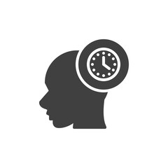 Mental control vector icon. filled flat sign for mobile concept and web design. Head and clock glyph icon. Symbol, logo illustration. Vector graphics