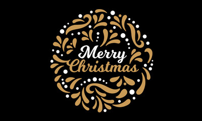 Merry Christmas greeting. Xmas vector emblem, vignette. The inscription in round frame with golden pattern and ornament. Retro style. Merry Christmas greeting logo. Xmas decoration in gold colors.