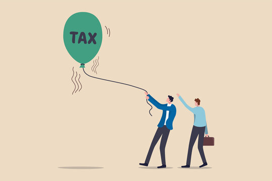 Tax rise to pay for Coronavirus COVID-19 crisis, government decision to raise tax rate for aid policy in economic crisis concept, businessmen people help to hold float rising balloon with the word TAX