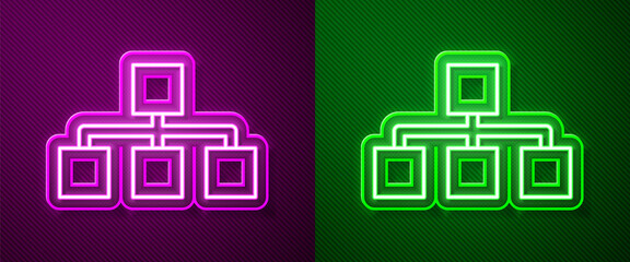 Glowing neon line Business hierarchy organogram chart infographics icon isolated on purple and green background. Corporate organizational structure graphic elements. Vector.