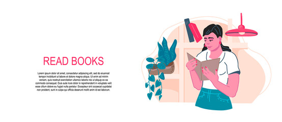 Banner template for books reading and education concept with woman holding open book in hands. Learn and gain knowledge, library and fun of books reading flat vector illustration.