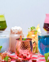 Unique and stylish cups of coffee and tea. Mix cocktails. Butterfly pea blue tea, mulled wine, fruit tea, latte coffee.