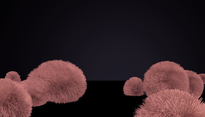 Pink fluffy balls on a black background. 3D rendering.