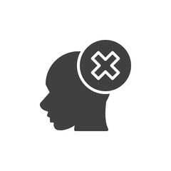 Wrong think vector icon. filled flat sign for mobile concept and web design. Head with cross mark glyph icon. Symbol, logo illustration. Vector graphics