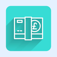 White line Pound sterling money icon isolated with long shadow. Pound GBP currency symbol. Green square button. Vector.
