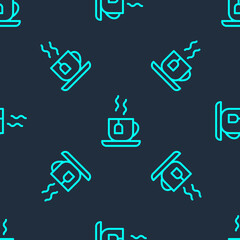 Green line Cup of tea with tea bag icon isolated seamless pattern on blue background. Vector.