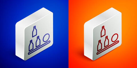Isometric line Bottles ball icon isolated on blue and orange background. Silver square button. Vector.