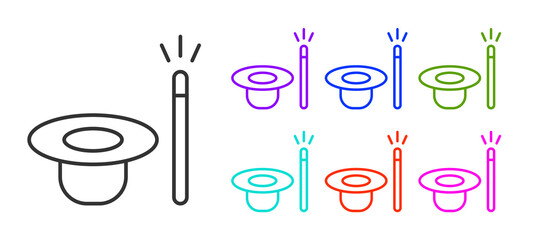 Black line Magic hat and wand icon isolated on white background. Magic trick. Mystery entertainment concept. Set icons colorful. Vector.