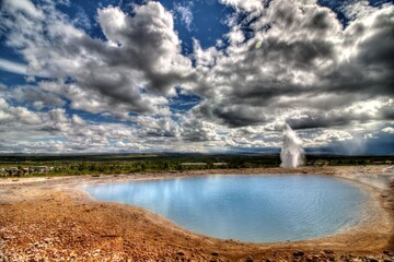 Cloudy Geysir Lake View Iceland