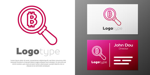 Logotype line Magnifying glass with Bitcoin icon isolated on white background. Physical bit coin. Blockchain based secure crypto currency. Logo design template element. Vector.