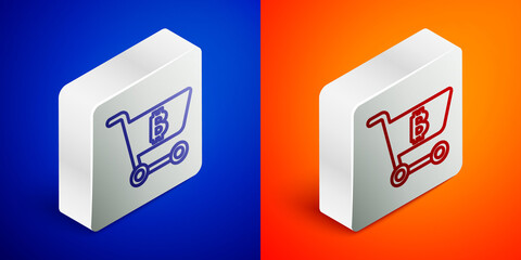 Isometric line Shopping cart with bitcoin icon isolated on blue and orange background. Online payment. Cash withdrawal. Modern method of payment. Silver square button. Vector.