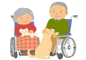 車椅子のシニア男女　ドッグセラピー