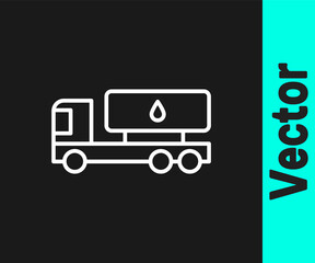 White line Tanker truck icon isolated on black background. Petroleum tanker, petrol truck, cistern, oil trailer. Vector.