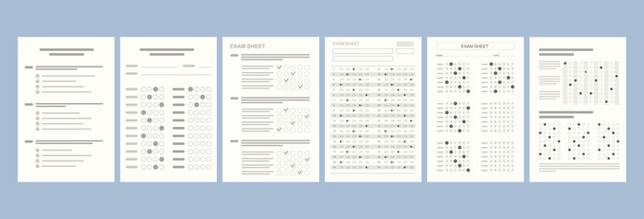 Flat different versions of tests on paper. School and Education. Test score sheet with answers - obrazy, fototapety, plakaty