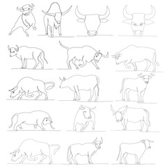 vector, isolated, sketch, one line drawing bull, set