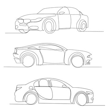 vector, isolated, sketch, one line drawing car, set