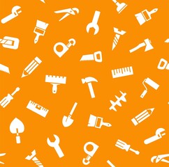 Hand tools, construction, seamless pattern, orange. White icons on an orange field. Single-color flat background. Vector.  