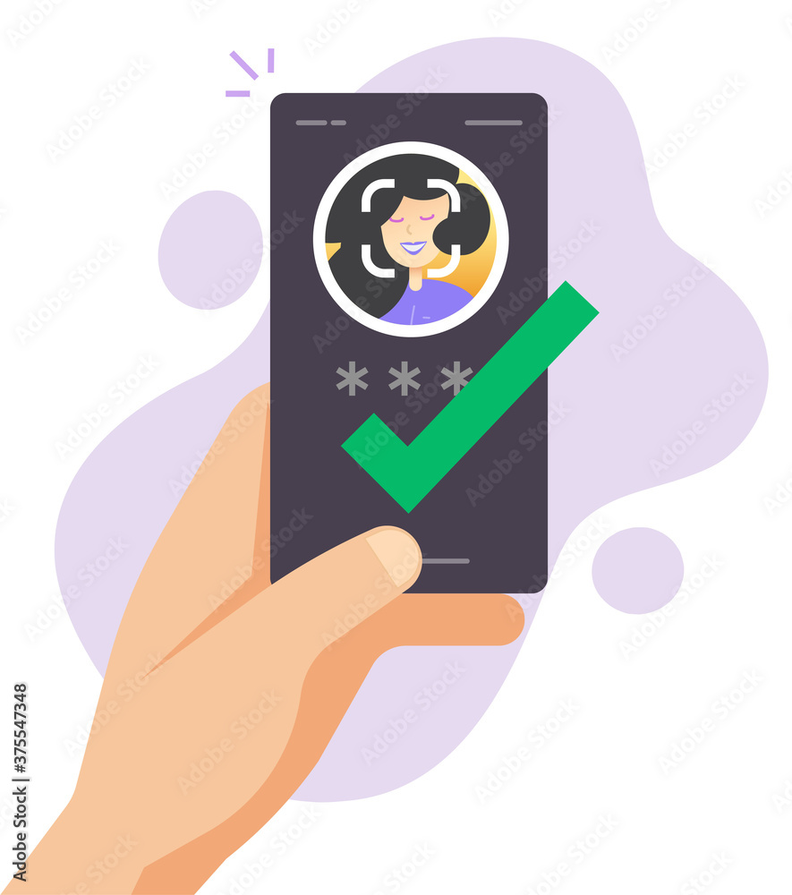 Poster face identification id scan on mobile phone smartphone vector, facial recognition security, password