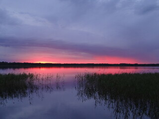 Red sunset on the lake