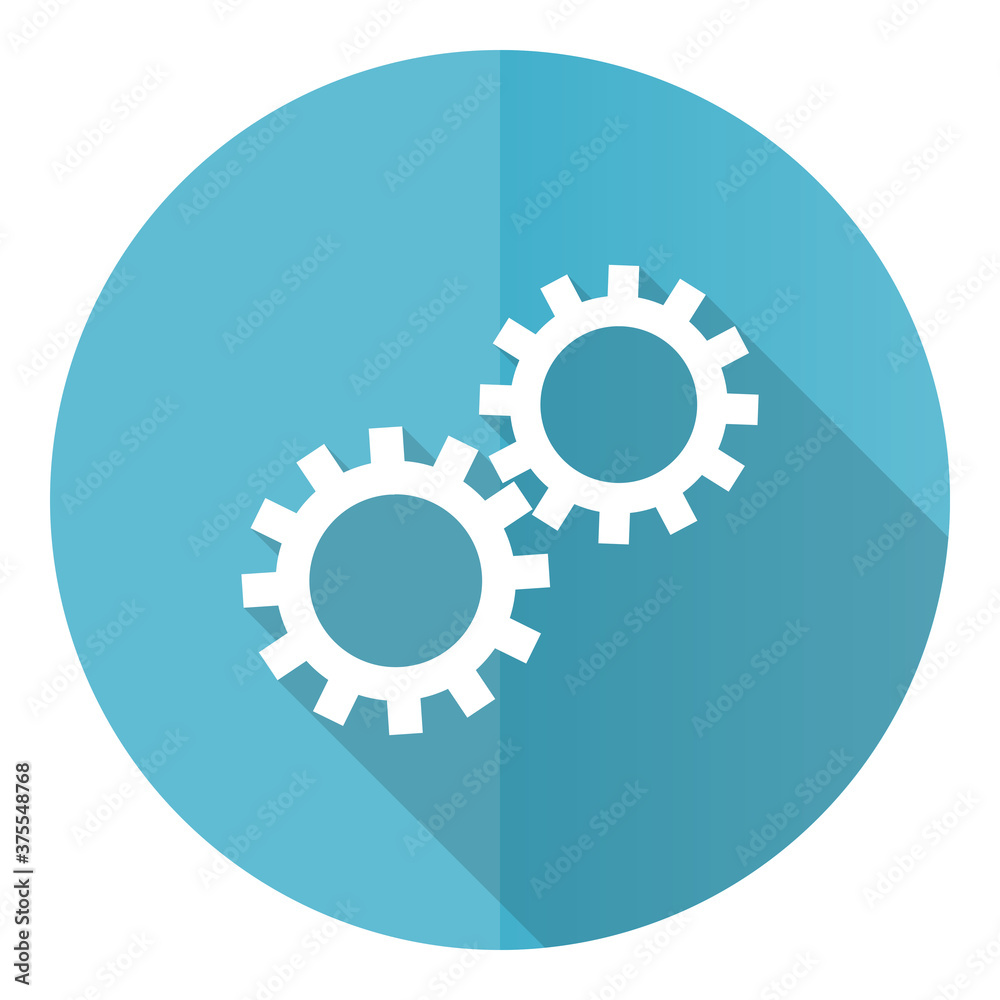 Poster gear vector icon, cogwheel flat design blue round web button isolated on white background