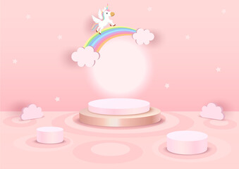 3d with rainbow unicorn on pink backgroud