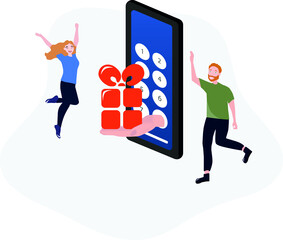 social network concept. big phone with a gift in hand and happy woman and man vector illustration eps 10