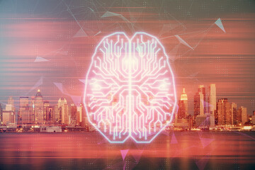 Brain hologram drawing on city scape background Double exposure. Brainstorming concept.