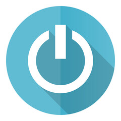 Power vector icon, flat design blue round web button isolated on white background