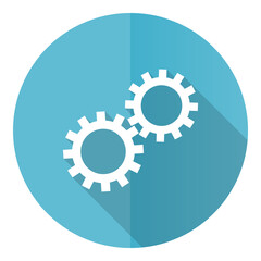 Gear vector icon, cogwheel flat design blue round web button isolated on white background