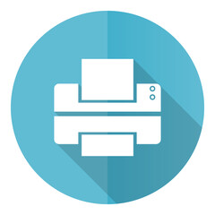 Printer vector icon, print flat design blue round web button isolated on white background