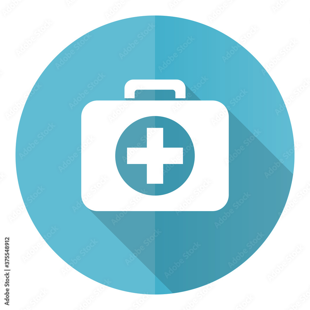 Poster first aid vector icon, flat design blue round web button isolated on white background