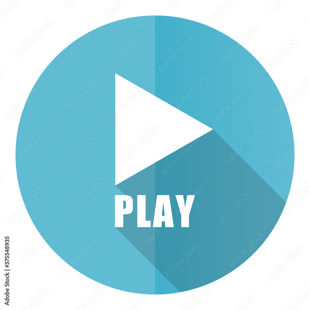 Poster play vector icon, flat design blue round web button isolated on white background