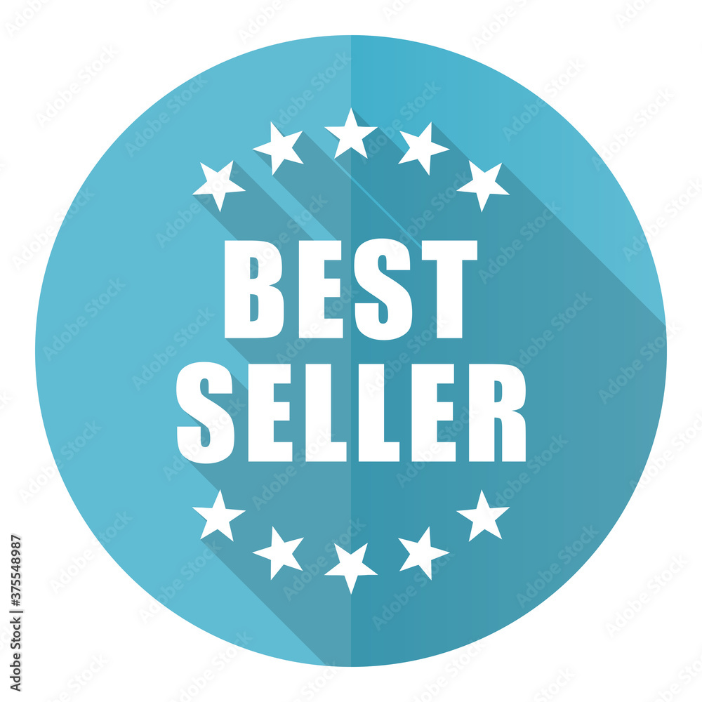 Poster best seller vector icon, flat design blue round web button isolated on white background