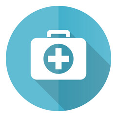 First aid vector icon, flat design blue round web button isolated on white background