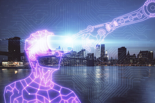 Double exposure of AR people drawing and cityscape background. Concept of augmented reality.