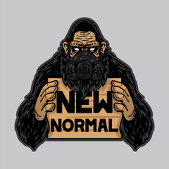 Cool gorilla or ape use mask hold new normal banner © ngupakarti
