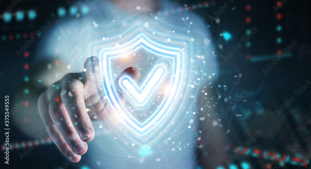Aufkleber man using digital shield protection blue holographic interface 3d rendering