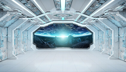 White blue spaceship futuristic interior with window view on space and planets 3d rendering © sdecoret