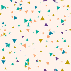 Abstract Memphis seamless pattern with colorful chaotic small triangles. Infinity triangular messy geometric pattern. Colorful Terrazzo tile. Vector illustration.